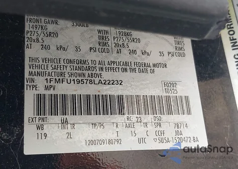 2008 Ford Expedition Limited z USA, uszkodzony, nr VIN 1FMFU19578LA22232